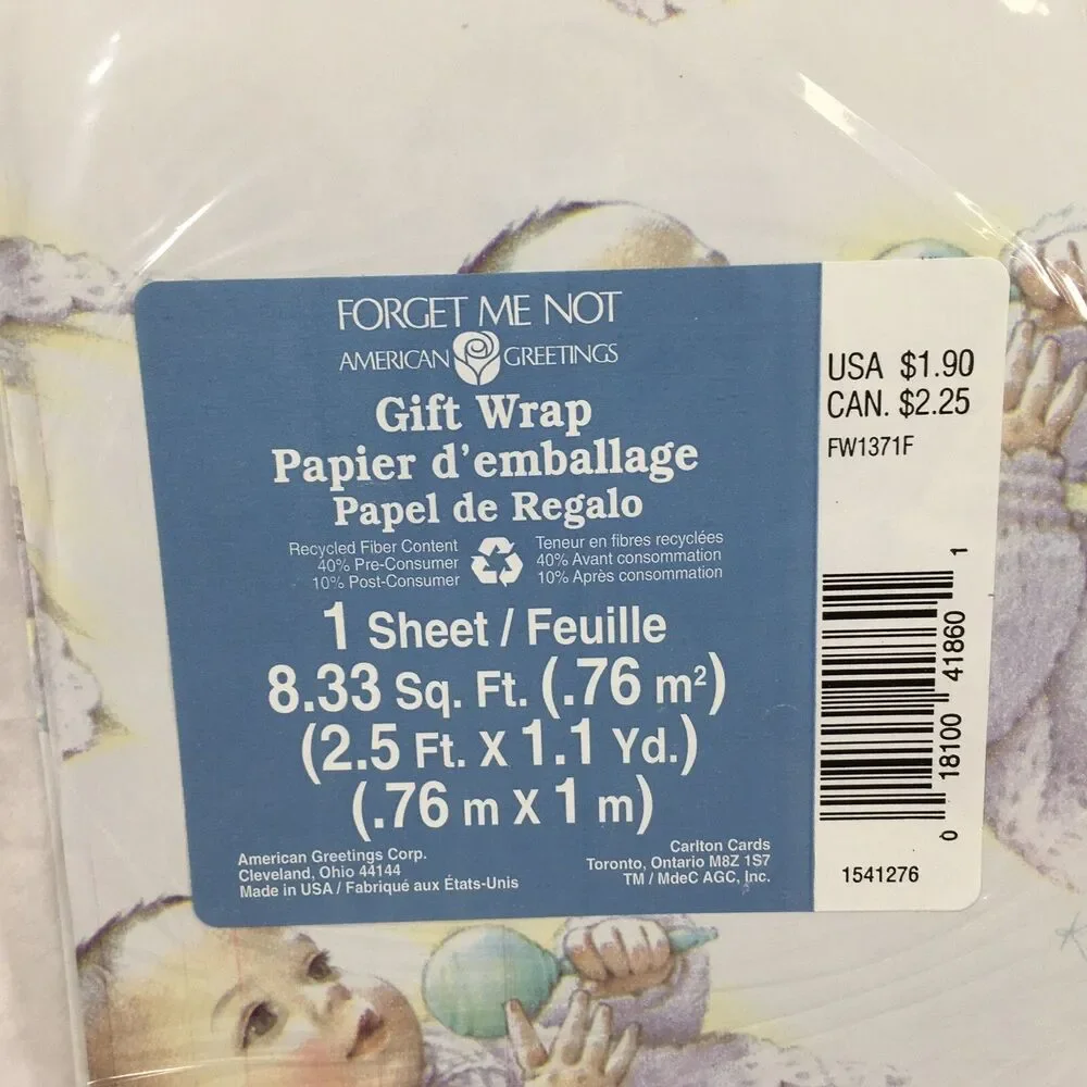 Vintage Baby Gift Wrap American Greetings 2 Giant Sheets Sealed Shower Rattle
